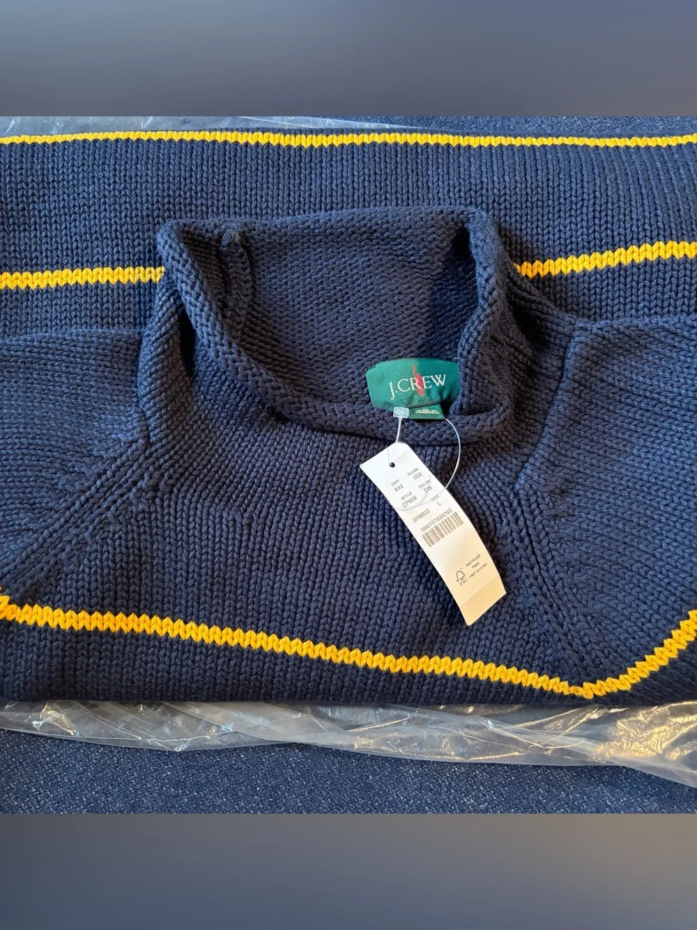 J.Crew 1988 Rollneck Sweater, Navy with Yellow Stripe, Men's Large